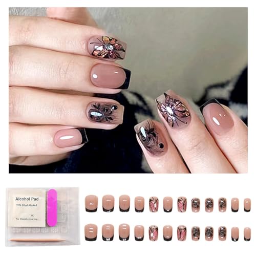 FineInno French Press on Nails Kurz Vollständige Abdeckung Falsche Nägel Set Square Rosa Ballerina False Nails mit Strass 24 Stück Acryl Nägel mit Klebepads für Frauen & Mädchen von FineInno