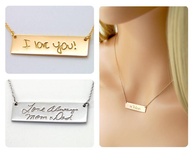 Handschrift Weihnachtsgeschenk Personalisierte Bar Halskette Mutter Signatur Geschenk Tochter Bonus Mama Schwester Papa 14K Erinnerungsgeschenk von FineJewelrySavenko