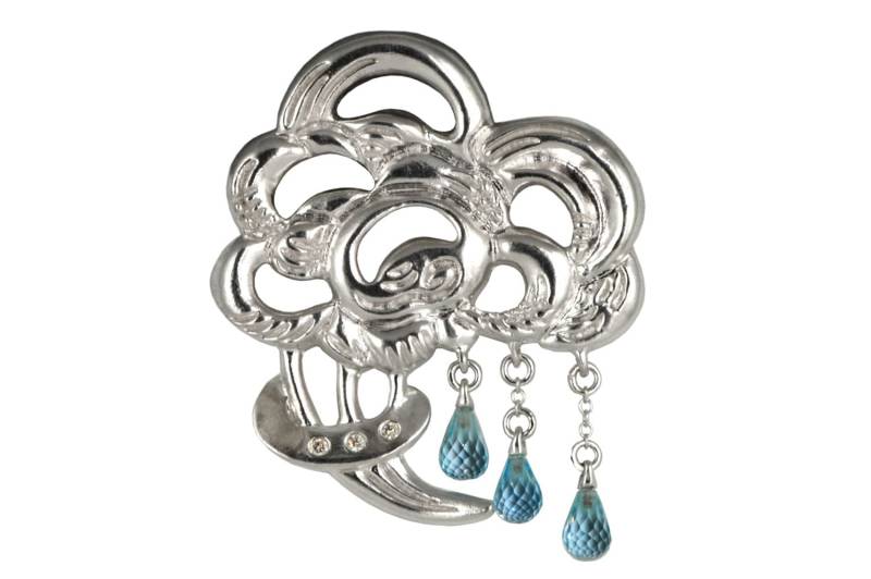 Regenstrauß Silber-Brosche Mit Blautopas-Tropfen Und Diamanten - Blautopas-Brosche Wolke Regen von FineJewelrySavenko