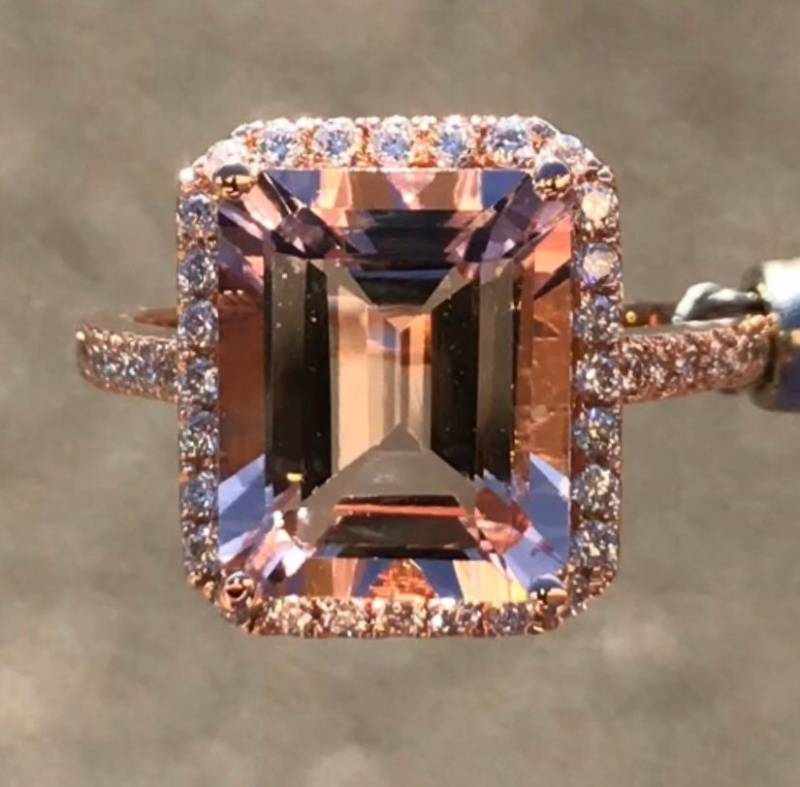 4.00Ct 11 Mm X 9 Morganit Edelstein Smaragdschliff Halo Ring Diamant Art Deco Verlobungsringe Platin, 18K 14K Weiß Gelb Roségold von FineJewlers