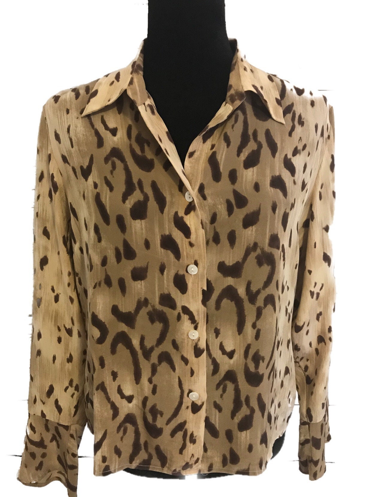 Seide Vintage Bluse-Größe M-Seide Hemd-Damen Bluse-Animal Print-Seide Top-Beige Braun Bluse-Arbeitsbluse-Muttertagsgeschenk von FineLuxuryCA