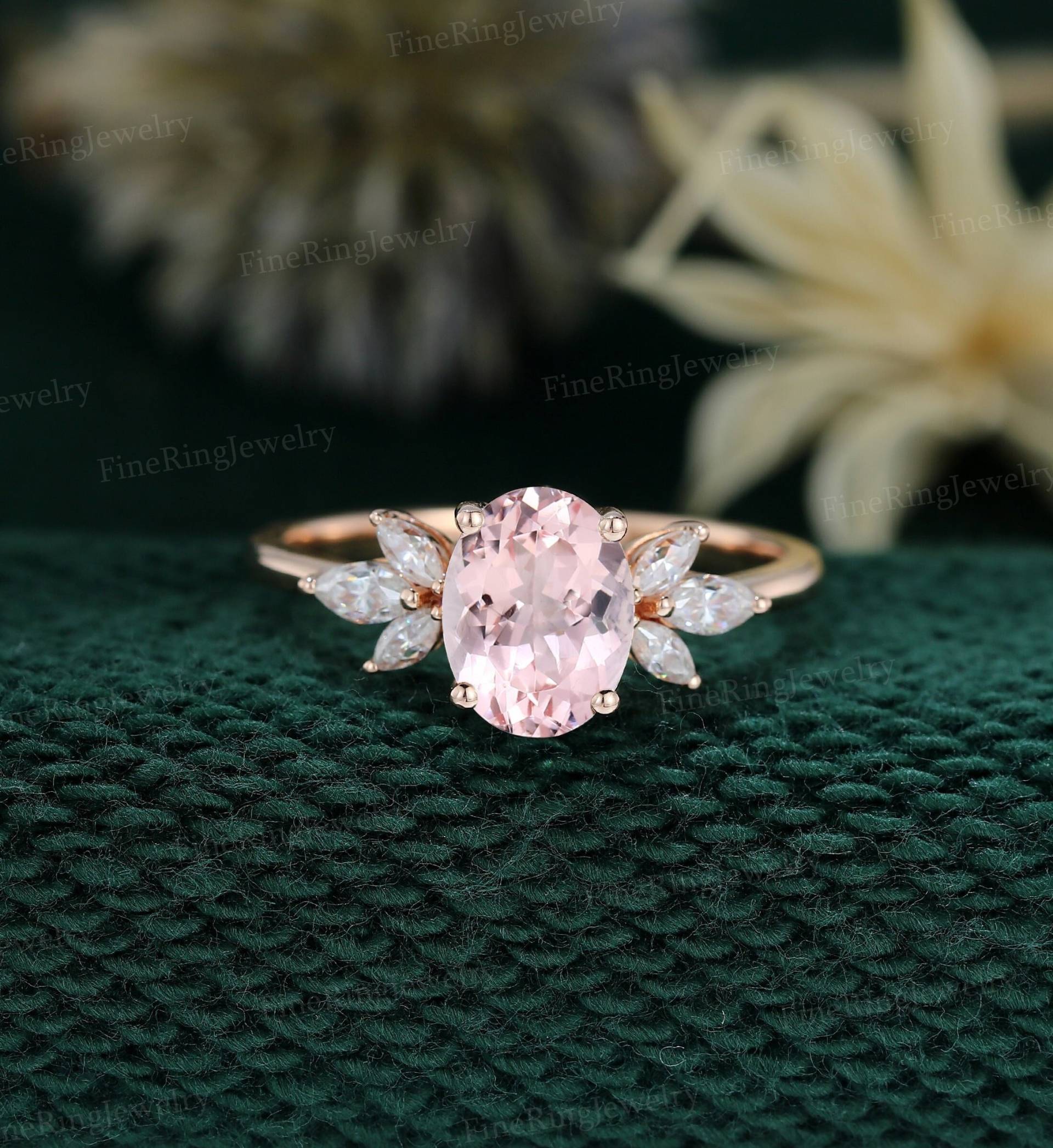 Oval Geschliffener Morganit Verlobungsring Ring Rose Gold Hochzeit Cluster Antik Braut Diamant Frauen Unikat Jahrestag Geschenk Für Sie von FineRingJewelry