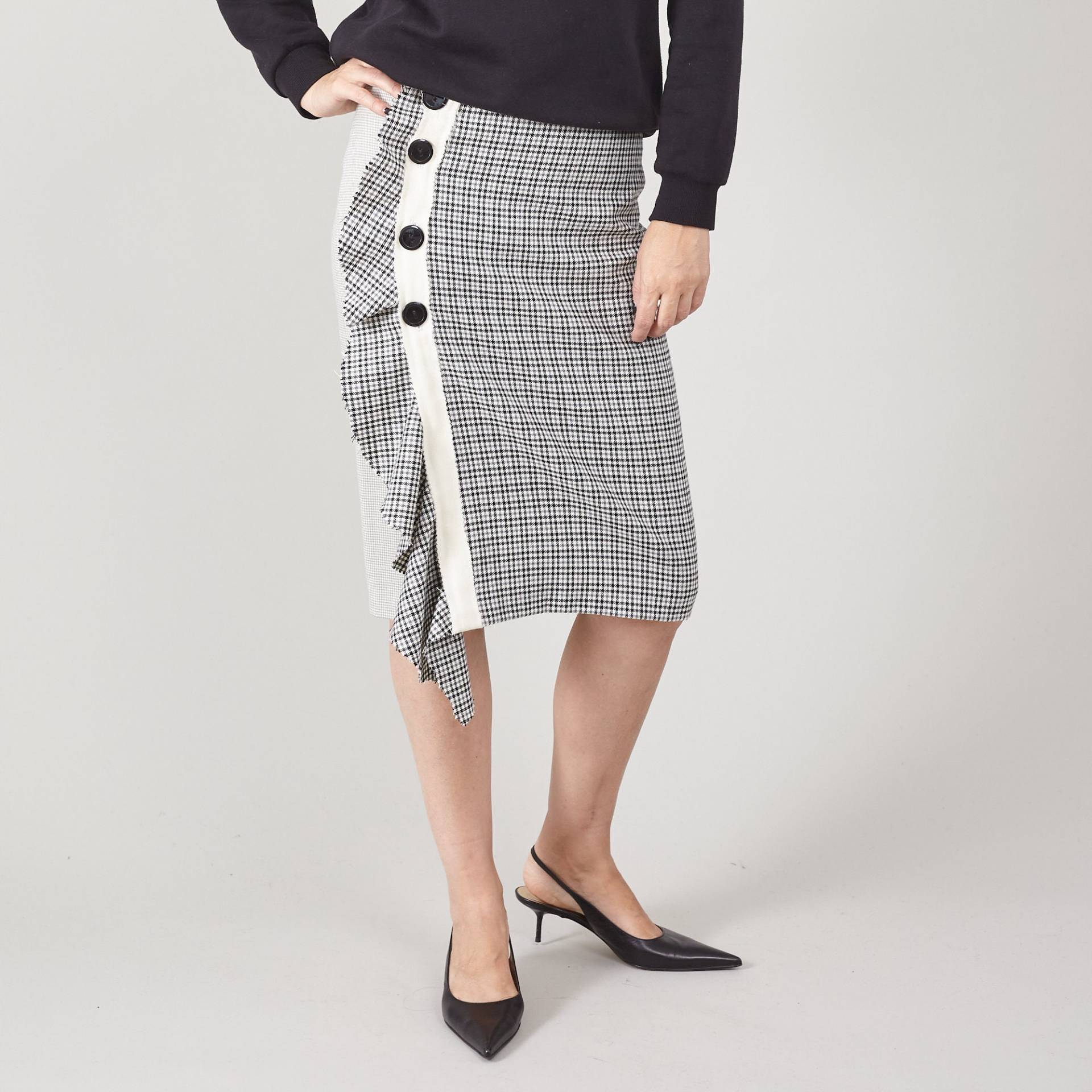 Karierter Midi-Bleistiftrock Aus Wolle Rüschen-Seitenknopf-Design, Xxs von FineThee