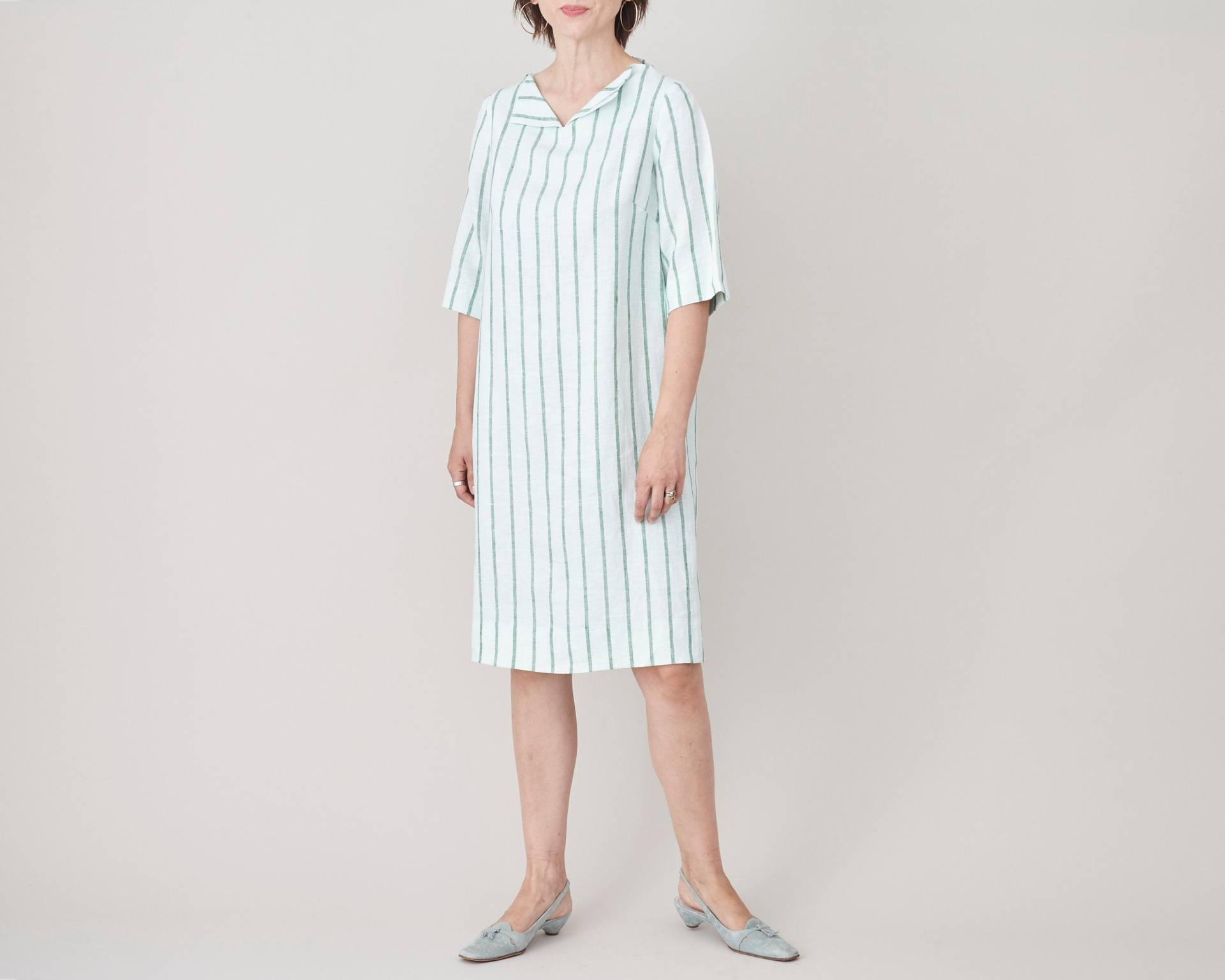Vintage Leinen Etuikleid Für Frauen Größe Xs - S | Elegantes Gestreiftes Weiß Kleid Mit Futter Halben Ärmeln von FineThee