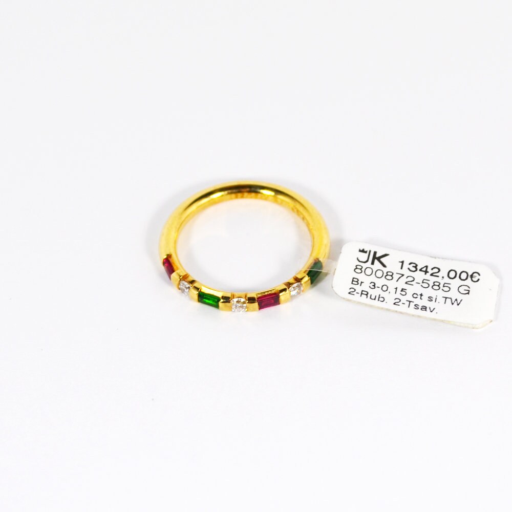 585 Gelbgold Ring. 3x Brillant Ins. 0, 15Ct. Si/Tw, 2x Rubin Tsavorit. Gr.56 von FinejewelsFrankfurt
