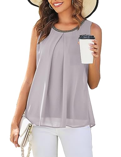 Finejo Damen Ärmellose Bluse Chiffon V-Ausschnitt Elegant Weste Top Hemdbluse Doppelschicht Sommer Loose fit T Shirt Grau M von Finejo