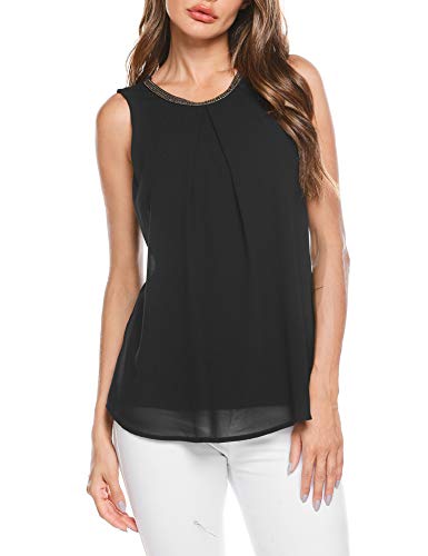 Finejo Damen Elegant Bluse Chiffon Sommer Rundhals Ärmellos Tunika Oberteile Schwarz S von Finejo