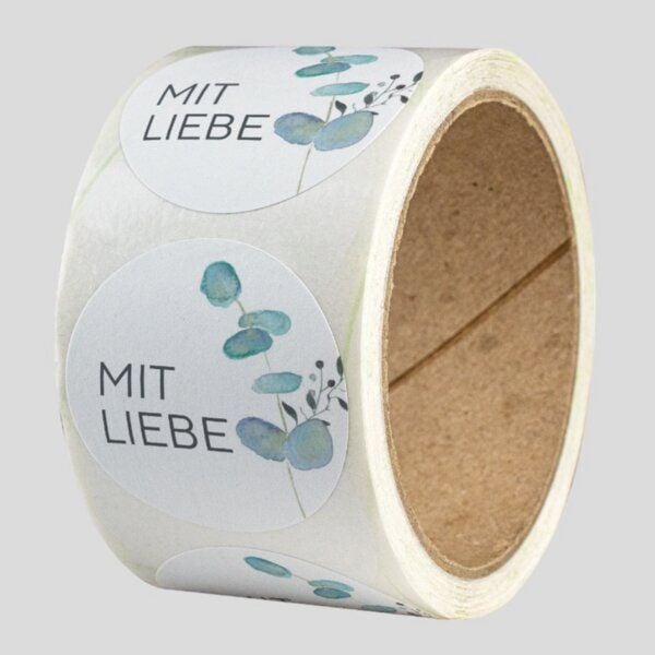Fines Papeterie ab 50 Geschenkaufkleber * Mit Liebe * mit Eukalyptuszweig * 4cm rund * Naturpapier * auf Rolle von Fines Papeterie
