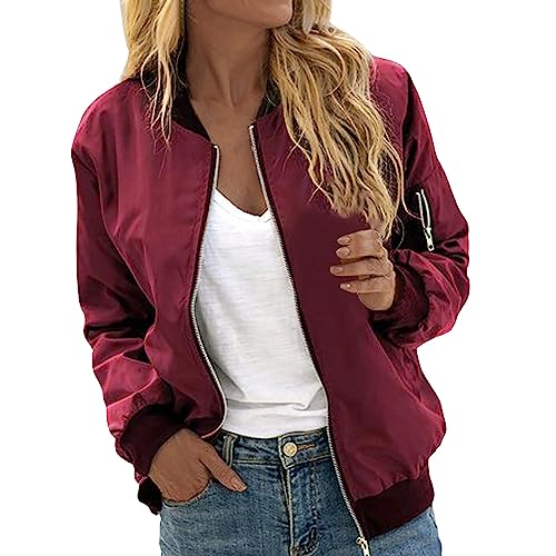 Finetyu Blouson Damen Bomberjacke Leichte Sommerjacke Damen Pilotenjacke Langarm Zip Up Reißverschluss Stehkragen Outwear Kurz Baseball Jacke Herbst Frühling Übergangsjacke (1#Red, L) von Finetyu