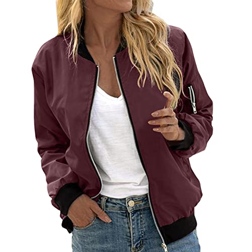 Finetyu Blouson Damen Bomberjacke Leichte Sommerjacke Damen Pilotenjacke Langarm Zip Up Reißverschluss Stehkragen Outwear Kurz Baseball Jacke Herbst Frühling Übergangsjacke (Red #2, L) von Finetyu