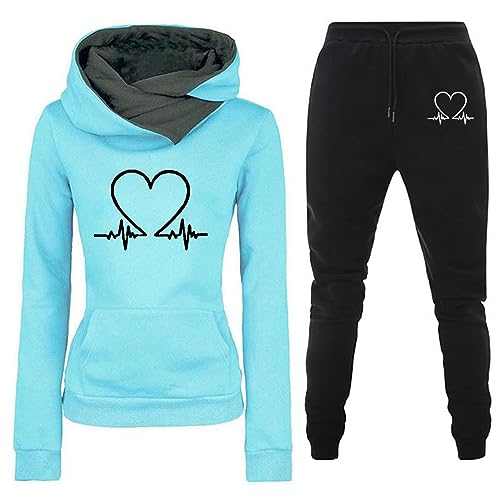 Jogginganzug Damen Tracksuit Langarm Sportswear Set Heartbeat Print Hoodie Anzug Sportanzug Fitnessanzug mit Taschen Zweiteiler Outfit Hoodie Jogger Trainingsanzug Set Sweatshirt & (Blue #3, L) von Finetyu