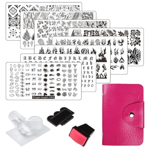 FingerAngel Nagelstempelplatten-Set, 8 Platten, 2 Stempel, 2 Schaber, 1 Aufbewahrungstasche, Nagelkunst-Stempelplatte, Schaber, Stempel, Set, Blätter, Blumen, Tier, Nagelplatte, Vorlage, Bildplatte von FingerAngel