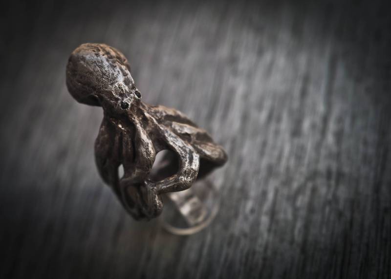 Oktopus-Ring Silber 925 Sterling Oktopus Fischschädel Oxidierter Ring Chevalier-Kollektion „Kraken" von FingersOverkill