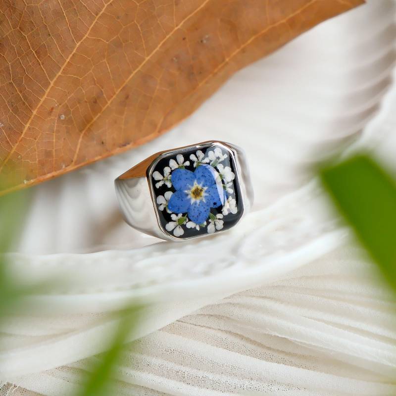 Handgemachte Vergissmeinnicht Blumen Ring Einstellbar Quadrat Statement Schmuck Geschenke Für Sie von FingertipGarden