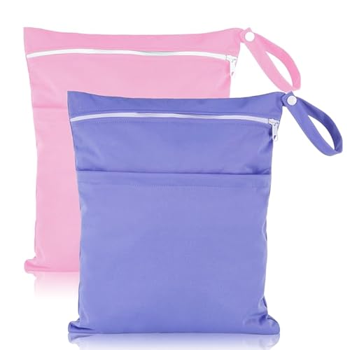 Fingertoys 2 Stück wasserdichte Stoffwindeln Nasstaschen Große Wickeltasche Wetbag Nasstaschen Wiederverwendbare,Wet Dry Cloth Windeltasche mit Reißverschluss für Baby Reisen Unterwegs(Rosa und lila) von Fingertoys