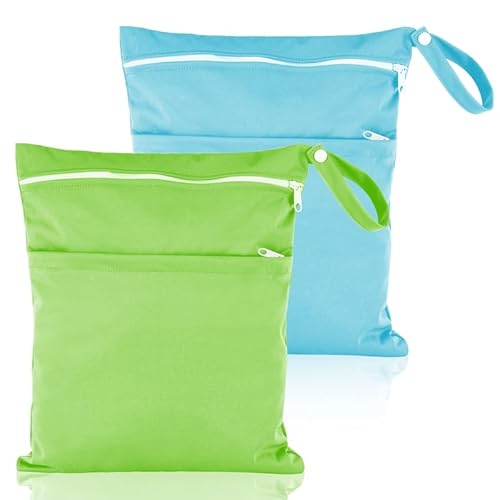 Fingertoys 2 Stück wasserdichte Stoffwindeln Nasstaschen Große Wickeltasche Wetbag Wiederverwendbare,Wet Dry Cloth Windeltasche mit Reißverschluss für Baby Reisen Unterwegs(hellblau und grün) von Fingertoys