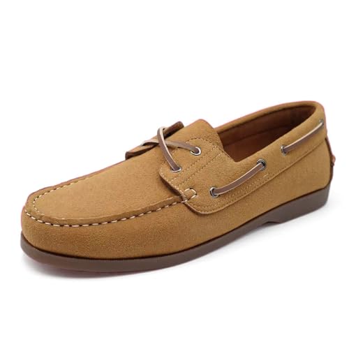 Finishing & Sewing Klassische Bootsschuhe aus Leder, Mokassin-Stil, Braun und Weiß, Schnürsystem mit Ösen (Braunes Wildleder, Erwachsene, Herren, 40, Numerisch, EU Schuhgrößensystem, M) von Finishing & Sewing
