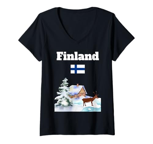 Damen Finnische Winterreise Rentier verschneite Finnland Flagge Souvenir T-Shirt mit V-Ausschnitt Damen Finnische Winterreise Rentier verschneite Finnland Flagge Souvenir T-Shirt mit V-Ausschnitt von Finland winter trip souvenir Finnish flag apparel