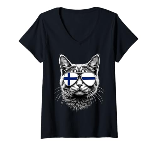 Damen Finnland Flagge Katze Gesicht Sonnenbrille Finnische Flagge T-Shirt mit V-Ausschnitt Damen Finnland Flagge Katze Gesicht Sonnenbrille Finnische Flagge T-Shirt mit V-Ausschnitt von Finnish Flag Designs