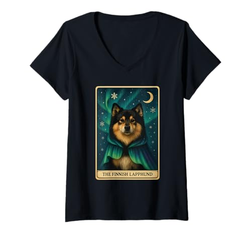 Damen Finnisches Lapphund-Tarot T-Shirt mit V-Ausschnitt Damen Finnisches Lapphund-Tarot T-Shirt mit V-Ausschnitt von Finnish Lapphund Dog