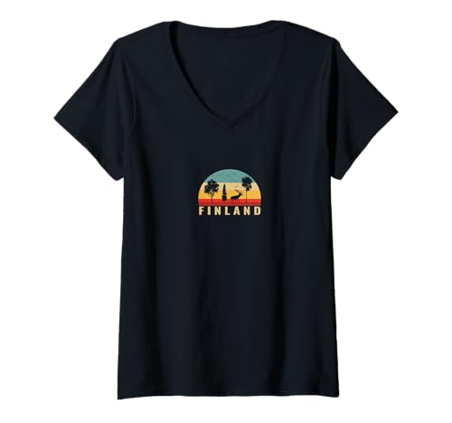 Damen Finnland Retro Skandinavien Naturschutz T-Shirt mit V-Ausschnitt von Finnland Retro Skandinavien Vintage Wald Natur