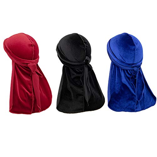 Finoki Durag, 3Pcs Samt Durag Haarschmuck Piraten Bandanas Turban Kopfwickel mit langem Schwanz breite Träger Finoki Durag, 3Pcs Samt Durag Haarschmuck Piraten Bandanas Turban Kopfwickel mit langem Schwanz breite Träger von finoki
