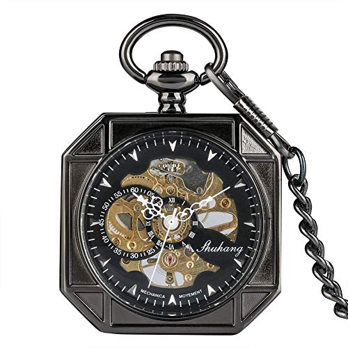 Finoti Achteckige Taschenuhr mit schwarzem Gehäuse für Herren, praktische Taschenuhr mit römischen Ziffern für Damen, praktische mechanische Anhängeruhr mit rauer Kette für Jungen von Finoti