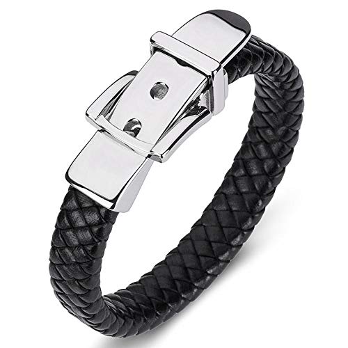 Finoti Armband, klassisches Echtleder-Gürtelschnallen-Armband für Herren, Hand-Charm-Schmuck, geflochten, handgefertigt, Preis Ps2170 (Innenumfang 200 mm schwarz) (Innenumfang 180 mm schwarz b) von Finoti