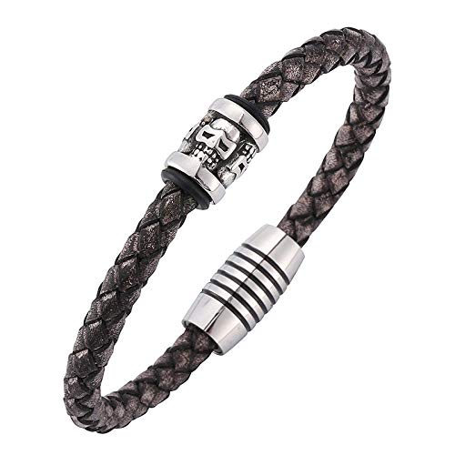 Finoti Herren-Armband, Retro-Schmuck, Herren-Skelett-Schädel-Armbänder, grau-schwarzes geflochtenes Lederarmband, Herren-Magnetverschlüsse, modische männliche Armreifen (Tragelänge 185 mm) von Finoti