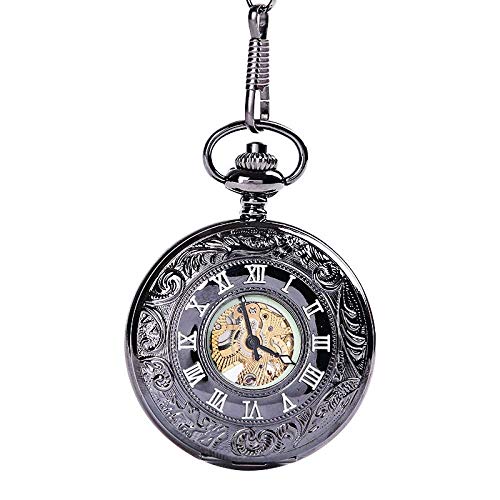 Finoti Taschenuhr, große Schwarze Dicke Kette, Geschnitzte Spitze, ausgehöhlt, leuchtende mechanische Klassische Taschenuhr von Finoti