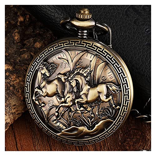 Geschnitzte Pferdemuster mechanische Taschenuhr Vintage Hohle Bronze Anhänger Handuhr Halskette mit Cfür Männer Frauen Steampunk/B von Finoti