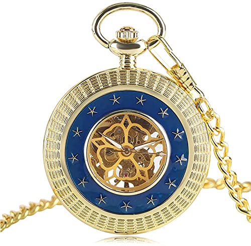 Gold Blau Sterne Handaufzug Mechanische Taschenuhr Mode Exquisite Frauen Männer Taschenuhren Geschenk Skelett Steampunk Uhr Kette von Finoti