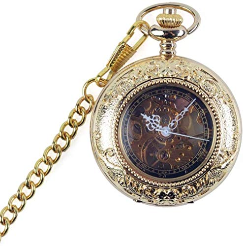 Taschenuhr, antike mechanische Taschenuhr, Punk-mechanische Skelett-Taschenuhr mit Kette, als Valentinstag-Unisex-einfache Retro-mechanische Uhr, Größe: 4,7 x 1,5 cm, Farbe: Gold von Finoti