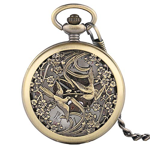 Vintage Damen Herren Halskette Taschenuhr Unisex, Neuheit Elster Schnitzerei Skelett Automatische mechanische Taschenuhr Kette Steampunk Kupfer Herren Damen Uhren Bronze Uhr Geschenk von Finoti