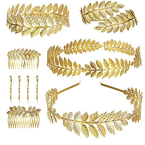 Finrezio 10 Stück Griechische Göttin Lorbeerblatt Armband Goldene Krone Stirnband Kamm Haarnadel Brautschmuck-Set Armband Arm Manschette Hochzeit Kopfschmuck Haarschmuck Gold von Finrezio