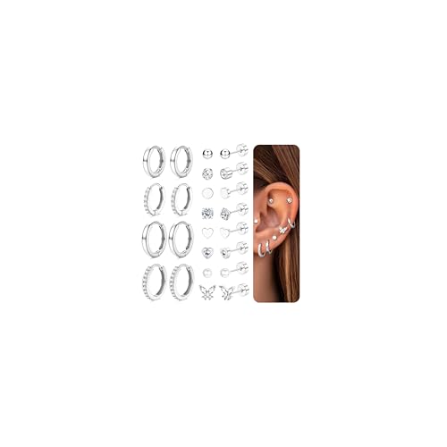 Finrezio 12 Paar Ohrringe Silber Set für Damen Chirurgenstahl Medizinische Ohrstecker 14 Karat Vergoldet Ohrringe Creolen Silber Huggie Ohrringe Hypoallergene Piercing Ohr Damen Mehrfache Piercings von Finrezio