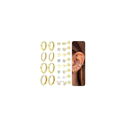 Finrezio 12 Paar Ohrringe Gold Set für Damen: Chirurgenstahl Medizinische Ohrstecker 14 Karat Vergoldet - Creolen, Huggie, Zirkonia, 10 mm, 24 Stück von Finrezio