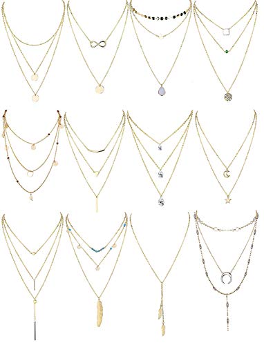 Finrezio 12 Stück Gold Ton Geschichteten Halskette Für Frauen Mädchen Sexy Lange Choker Kette y Halskette Bar Feder Pendent Halskette Sets von Finrezio