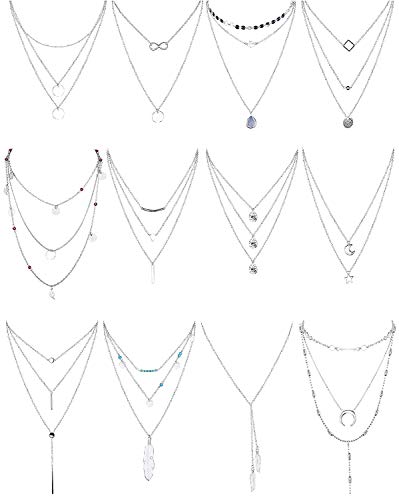 Finrezio 12 Stück Silber Ton Geschichteten Halskette Für Frauen Mädchen Sexy Lange Choker Kette y Halskette Bar Feder Pendent Halskette Sets von Finrezio