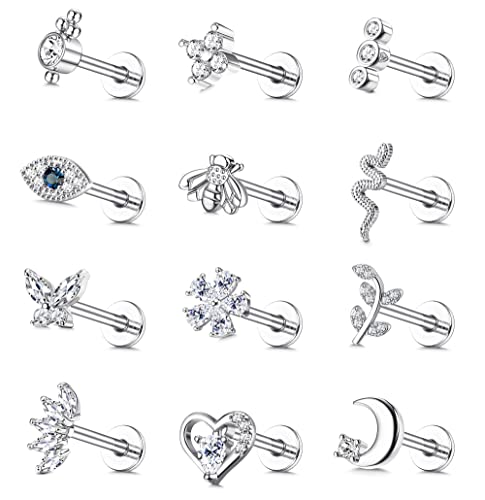 Finrezio 12Pcs 16G Knorpel Tragus Ohrringe für Damen Ohrstecker Set Helix Ohrringe Piercing Ohr Piercing Labret Nasenring Evil Eye Schmetterling Mond Ohrringe Set Piercing Schmuck von Finrezio