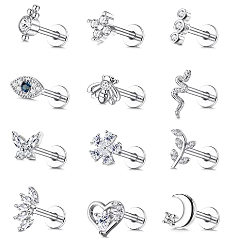 Finrezio 12Pcs 16G Knorpel Tragus Ohrringe für Damen Ohrstecker Set Helix Ohrringe Piercing Ohr Piercing Labret Nasenring Evil Eye Schmetterling Mond Ohrringe Set Piercing Schmuck von Finrezio