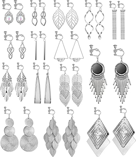 Finrezio 15 Paar Clip-On-Ohrringe für Frauen - Böhmische Geometrische Statement-Ohrclips, Nicht Durchdringende Hängeohrringe Set, Lange Balkenohrringe, Blatt-Tränen-Design von Finrezio