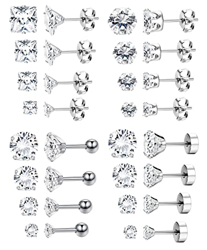 Finrezio 16 Paar Edelstahl Silber Ohrstecker Set für Damen Herren Tragus Ohr Piercing Ohrringe Klein Knorpel Zirkonia Ohrstecker Helix Flache Rückseite Ohrringe Hypoallergen von Finrezio