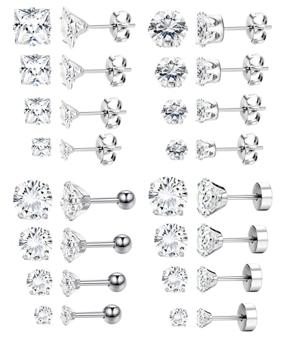 Finrezio 16 Paar Edelstahl Silber Ohrstecker Set für Damen Herren Tragus Ohr Piercing Ohrringe Klein Knorpel Zirkonia Ohrstecker Helix Flache Rückseite Ohrringe Hypoallergen von Finrezio