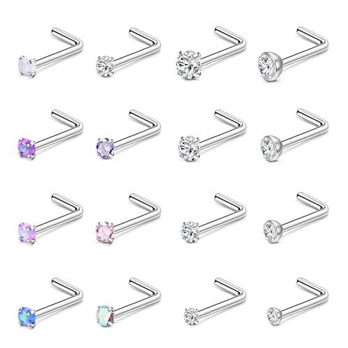 Finrezio 16 Stück 18/20G Nasenpiercing Stecker L-Form Nasenpiercing Chirurgenstahl für Damen Piercing Nase Nose Stud Nostril Piercing Silber Nasenstecker Bunter Diamant CZ Piercing Schmuck von Finrezio