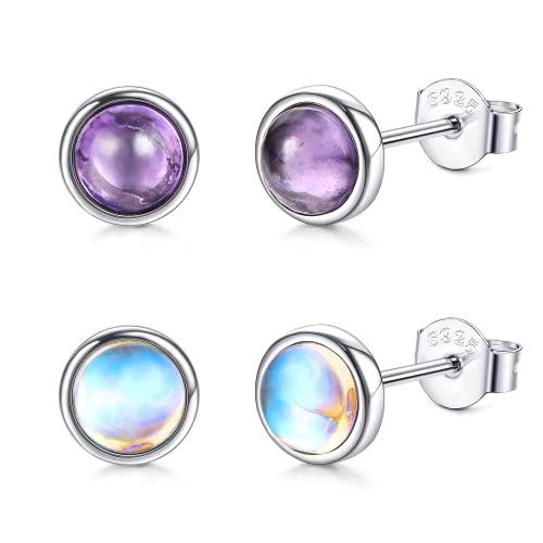 Finrezio 2 Paar 925 Sterling Silber Mondstein Ohrstecker Natürliche Runde Edelsteine Ohrringe für Damen Onyx Labradorit Amethyst grün Peridot Ohrstecker Hypoallergen 4MM Halo Ohrringe Set von Finrezio