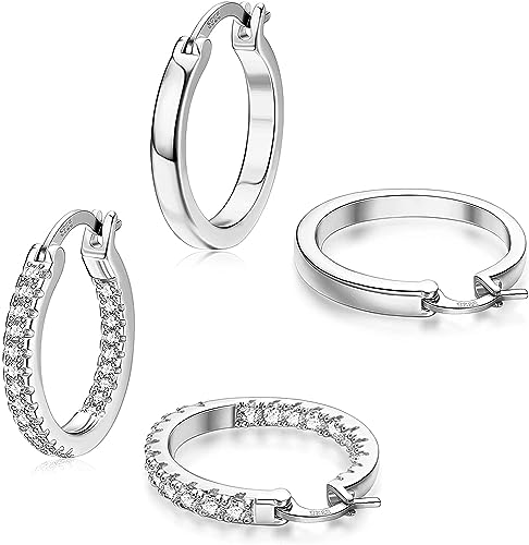 Finrezio 2 Paar Silber Creolen Ohrringe für Damen Zirkonia Ohrringe Creolen Huggie ohrringe Creolen Silber Schlafohrringe Hypoallergen Größen 15mm von Finrezio