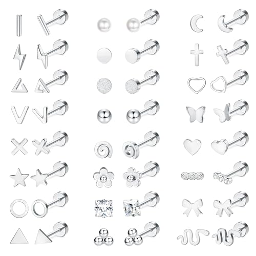 Finrezio 24 Paar Edelstahl Ohrstecker für Damen Herren Tragus Helix Knorpel Ohrringe Winzige Ohrstecker Flache Rückseite Ohrringe Schlange Herz Piercing Ohrstecker Ohrringe Piercing Schmuck von Finrezio