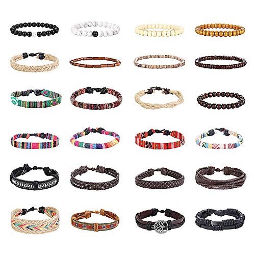 Finrezio 24 Stück Geflochtenes Lederarmband Set Für Damen Herren Armbänder Boho Ethnischen Stammes-Leinen Hanf Schnüre Perlen Wickelarmbänder String Handgemachten Schmuck von Finrezio