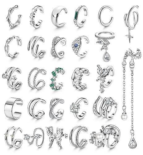 Finrezio 27 Stück Ear Cuff Set OhrManschette Ohrringe Clip Ohrringe für Damen Ohrklemme Nicht Piercing Clip auf Knorpel Ohrringe Ketten Ohrringe Gefälschte Ohrringe Clip auf Wrap Ohrringe Set von Finrezio